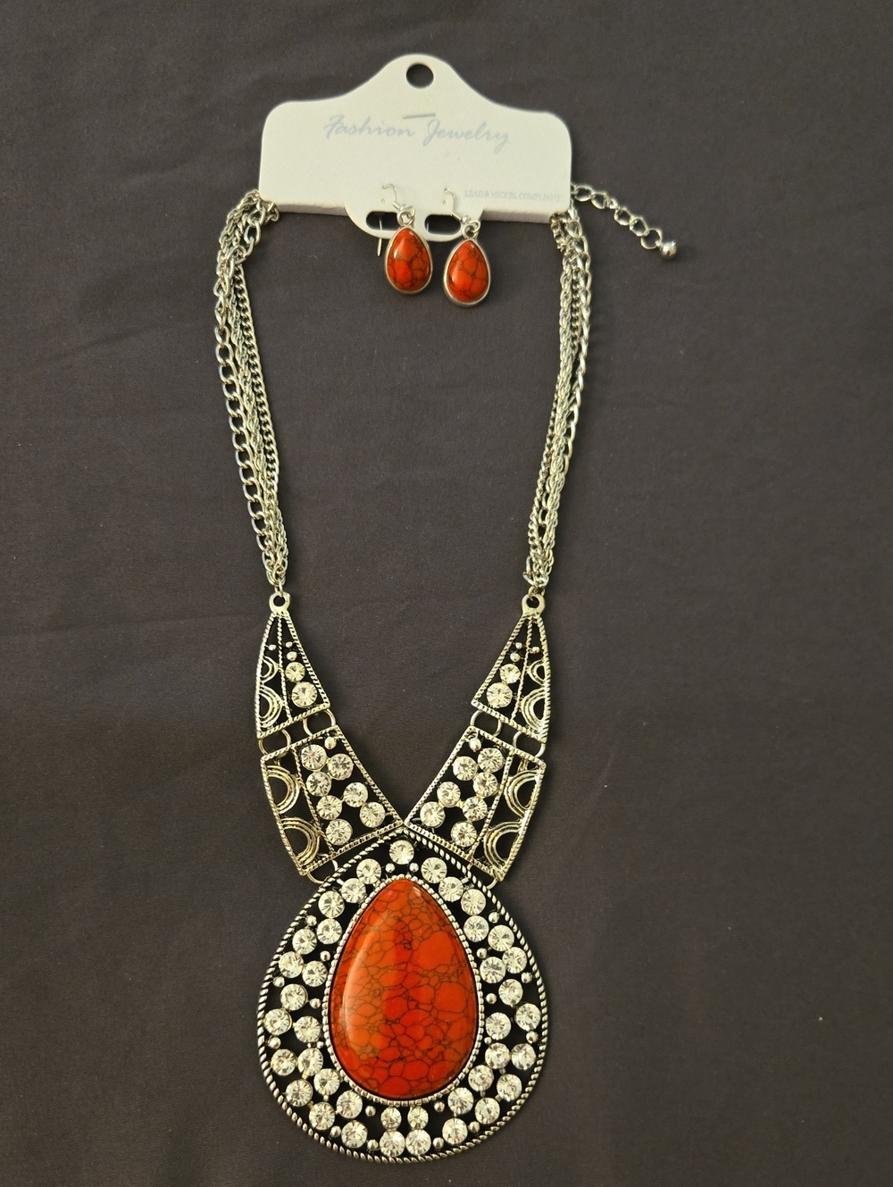 Fashion Jewelry Red Teardrop Statement Necklace & Earring Set